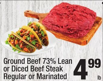Super King Markets Ground beef 73% lean or diced beef steak regular or marinated offer