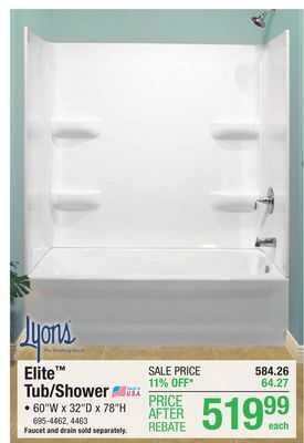 Menards Lyons elite 60w x 32d x 78h white bathtub shower kit with left drain (4-piece) offer