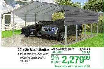 Menards Versatube 20' w x 20' l x 7.5' h storage shelter material list offer