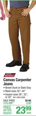 Menards Genuine dickies 32 x 30 brown duck men's carpenter denim jeans offer