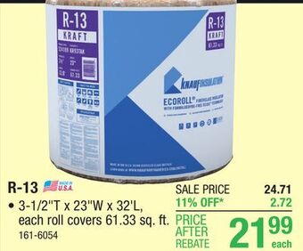 Menards R-13 ecoroll kraft faced fiberglass insulation roll 3-1/2 x 23 x 32' offer