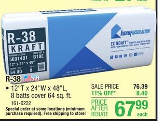 Menards R-38 ecobatt kraft faced fiberglass insulation batt 12 x 24 x 48 offer
