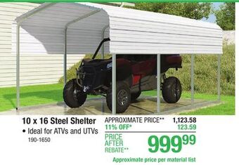 Menards Versatube 10'w x 16'l x 7'h atv shelter material list offer