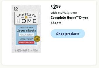 Walgreens Complete home dryer sheets offer