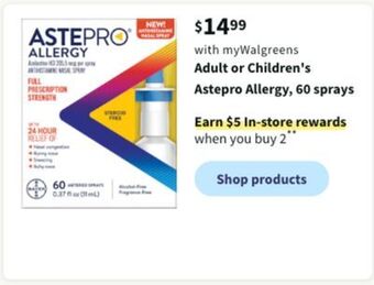 Walgreens Adult or children's astepro allergy, 60 sprays offer