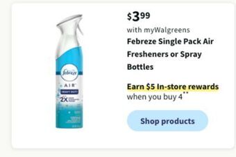 Walgreens Febreze single pack air fresheners or spray bottles offer
