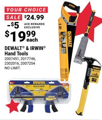 Ace Hardware Dewalt & irwin hand tools offer