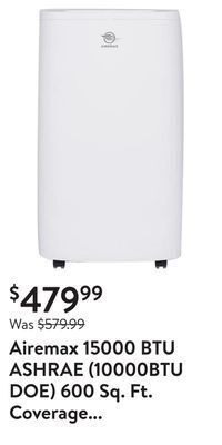 Walmart Airemax 15000 btu ashrae (10000btu doe) 600 sq. ft. coverage portable air conditioner with heat offer