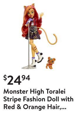 Walmart Monster high toralei stripe fashion doll with red & orange hair, accessories & pet saber-tooth tiger offer