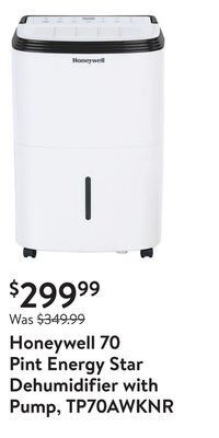 Walmart Honeywell 70 pint energy star dehumidifier with pump, tp70awknr offer