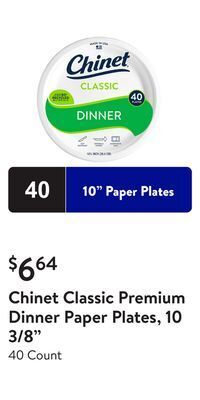Walmart Chinet classic premium dinner paper plates, 10 3/8 offer