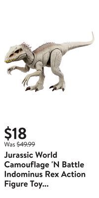 Walmart Jurassic world camouflage 'n battle indominus rex action figure toy with lights, sound & motion offer