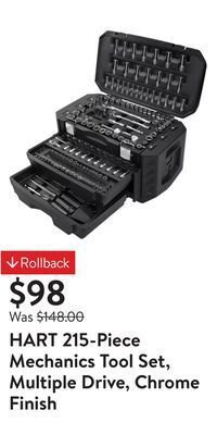 Walmart Hart 215-piece mechanics tool set, multiple drive, chrome finish offer
