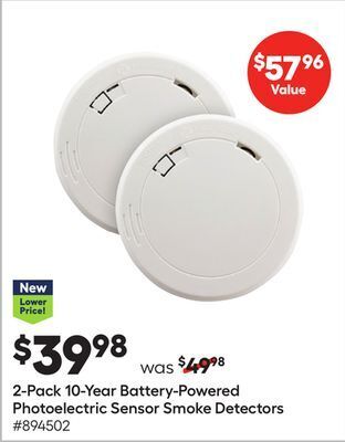 Lowe's 2-pack 10-year battery-powered photoelectric sensor smoke detectors offer
