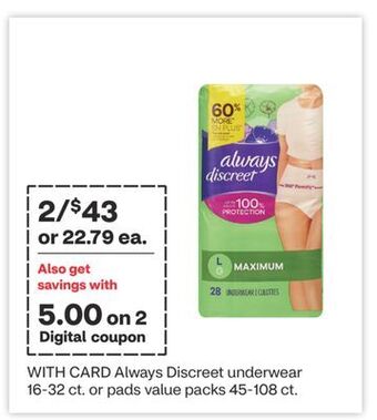 CVS Always discreet underwear 16-32 ct. or pads value packs 45-108 ct offer