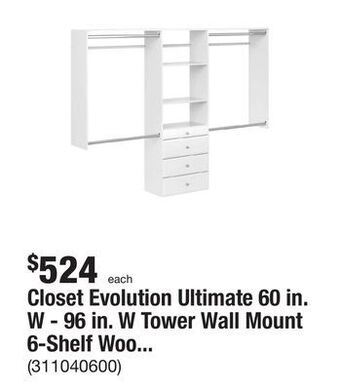 The Home Depot Closet evolution ultimate 60 in. w - 96 in. w tower wall mount 6-shelf wood closet system offer