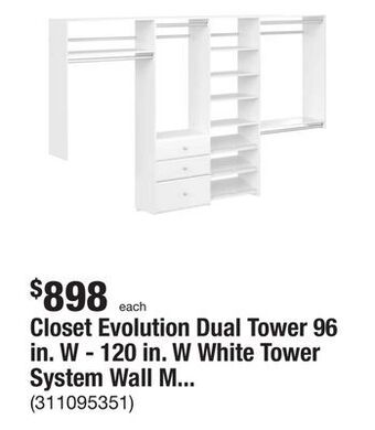 The Home Depot Closet evolution dual tower 96 in. w - 120 in. w white tower system wall mount 14-shelf wood closet system offer