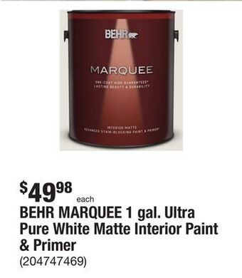 The Home Depot Behr marquee 1 gal. ultra pure white matte interior paint & primer offer