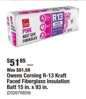 The Home Depot Owens corning r-13 kraft faced fiberglass insulation batt 15 in. x 93 in offer