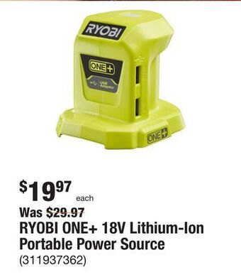 The Home Depot Ryobi one+ 18v lithium-ion portable power source offer