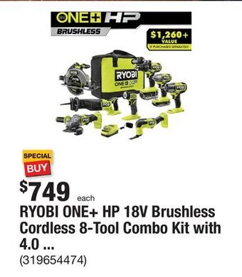 The Home Depot Ryobi one+ hp 18v brushless cordless 8-tool combo kit with 4.0 ah and 2.0 ah high performance batteries, charger, and bag offer