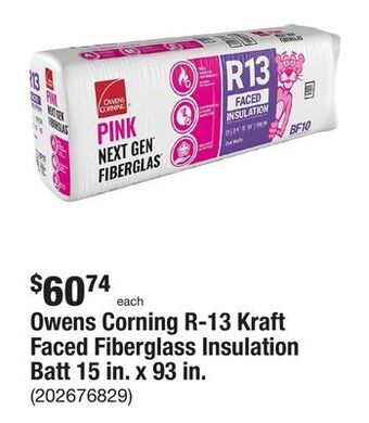 The Home Depot Owens corning r-13 kraft faced fiberglass insulation batt 15 in. x 93 in offer