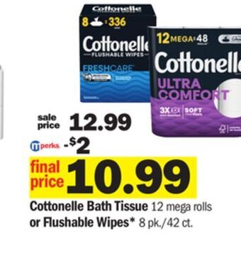Meijer Cottonelle bath tissue 12 mega rolls or flushable wipes* 8 pk./42 ct offer