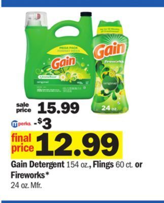 Meijer Gain detergent 154 oz., flings 60 ct. or fireworks* 24 oz offer