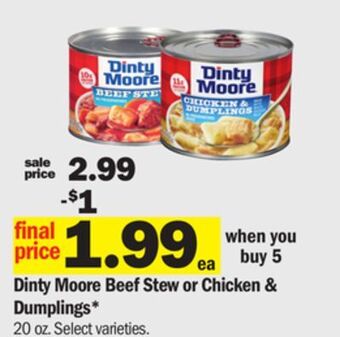 Meijer Dinty moore beef stew or chicken & dumplings offer