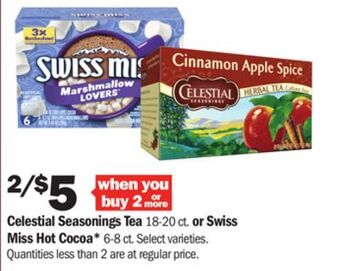 Meijer Celestial seasonings tea 18-20 ct. or swiss miss hot cocoa* 6-8 ct offer