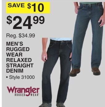 Dunham's Sports Wrangler men's rugged wear relaxed straight denim offer