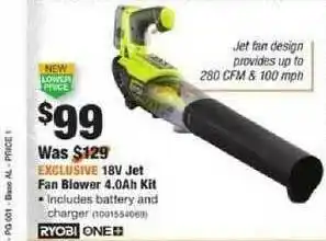 The Home Depot Ryobi 18v Jet Fan Blower 4.0ah Kit offer