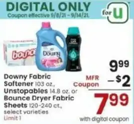 Albertsons Downy Fabric Softener 103 oz, Unstopables Bounce Dryer Fabric Sheets offer