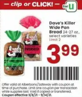 Albertsons Dave's Killer Wide Pan Bread offer