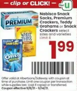 Albertsons Nabisco Snack Sacks, Premium Crackers, Teddy Grahams Or Snack Crackers offer