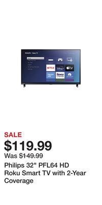 BJ’s Philips 32 pfl64 hd roku smart tv with 2-year coverage offer