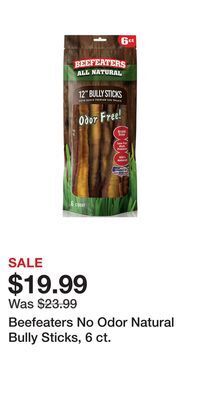 BJ’s Beefeaters no odor natural bully sticks, 6 ct offer