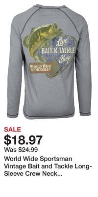 Cabela's World wide sportsman vintage bait and tackle long-sleeve crew neck t-shirt for men offer