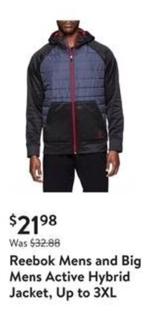 Walmart Reebok Mens and Big Mens Active Hybrid Jacket, Up to 3XL offer