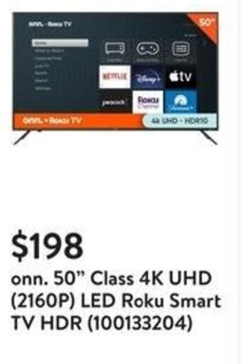Walmart onn. 50" Class 4K UHD (2160P) LED Roku Smart TV HDR (100133204) offer