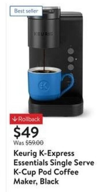 Walmart Keurig K-Express Essentials Single Serve K-Cup Pod Coffee Maker, Black offer