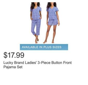 Costco Lucky brand ladies' 3-piece button front pajama set offer