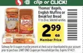 Safeway Thomas' Bagels, English Muffins Or Breakfast Bread offer