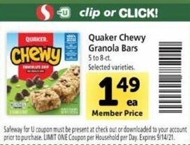 Safeway Quaker Chewy Granola Bars offer