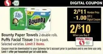 Safeway Bounty Paper Towels, Puff Facial Tissue offer