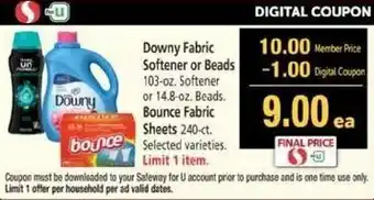 Safeway Downy Fabric Softener Or Breads , Bounce Fabric Sheets offer