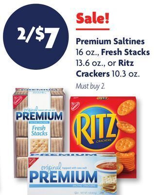 Family Dollar Premium saltines 16 oz., fresh stacks 13.6 oz., or ritz crackers 10.3 oz offer
