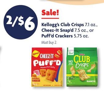 Family Dollar Kellogg's club crisps 7.1 oz., cheez-it snap'd 7.5 oz., or puff'd crackers 5.75 oz offer