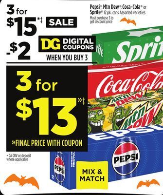 Dollar General Pepsi , mtn dew , coca-cola or sprite offer
