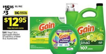 Dollar General Gain flings! 60 ct., liquid laundry detergent 107 load/154 oz. or powder 116 oz offer
